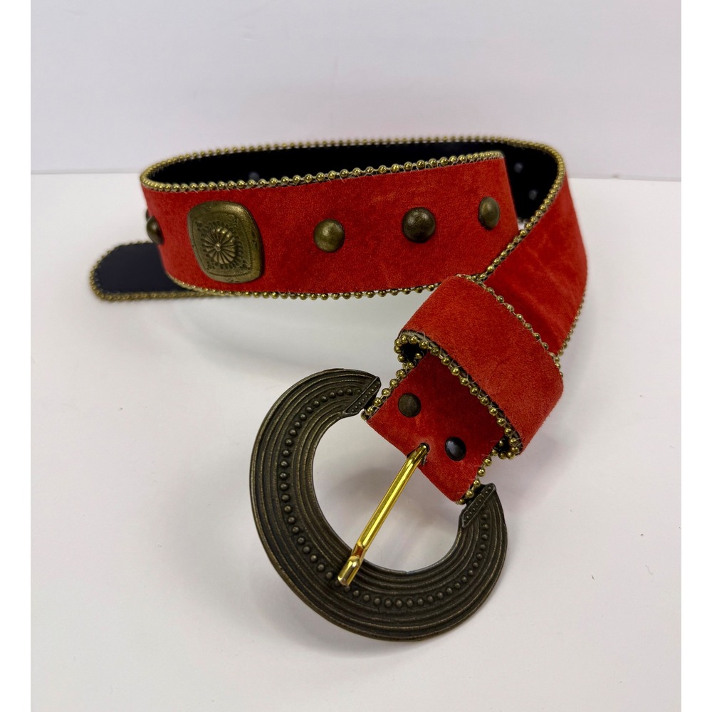 VTG Nina Arjani Leatherock Red Suede Studded Western Belt Brass Buckle 80's